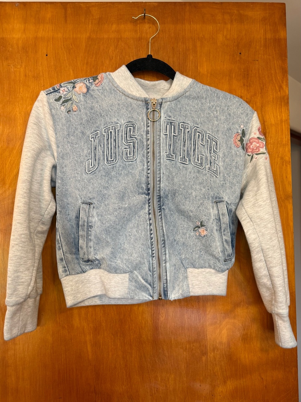Justice Pink and Light Blue Denim Label Girls Jacket (Size 7/8)